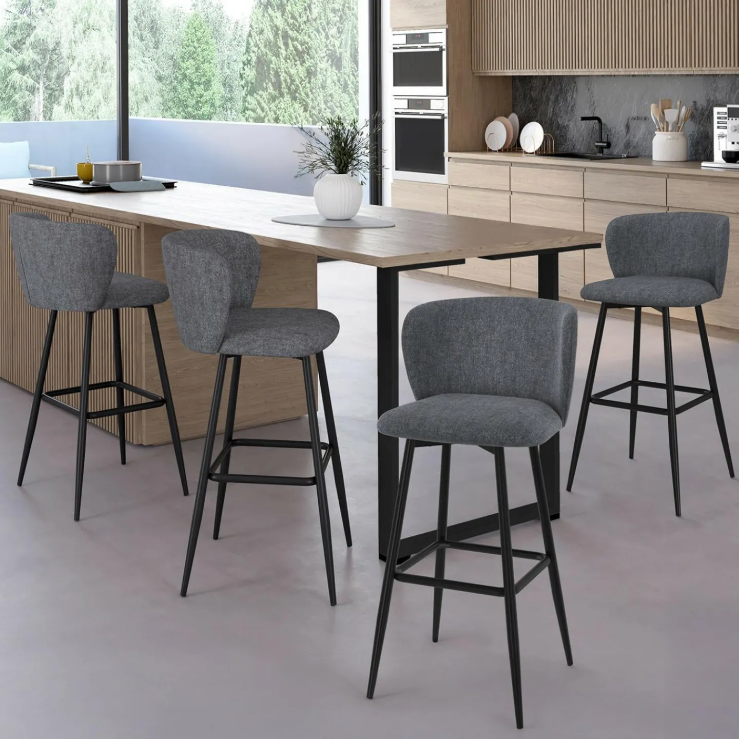 Lot de 4 tabourets de bar assise en tissu gris foncé et pieds en métal noir*IDMarket Online