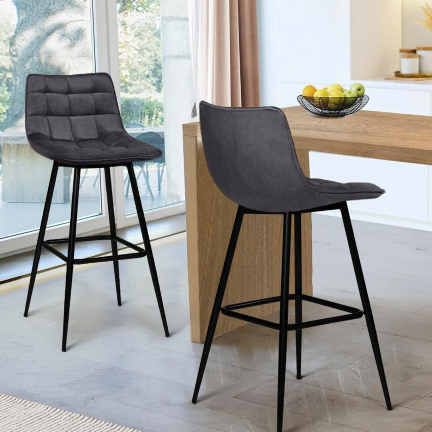 Lot de 2 tabourets de bar en velours gris foncé*IDMarket New