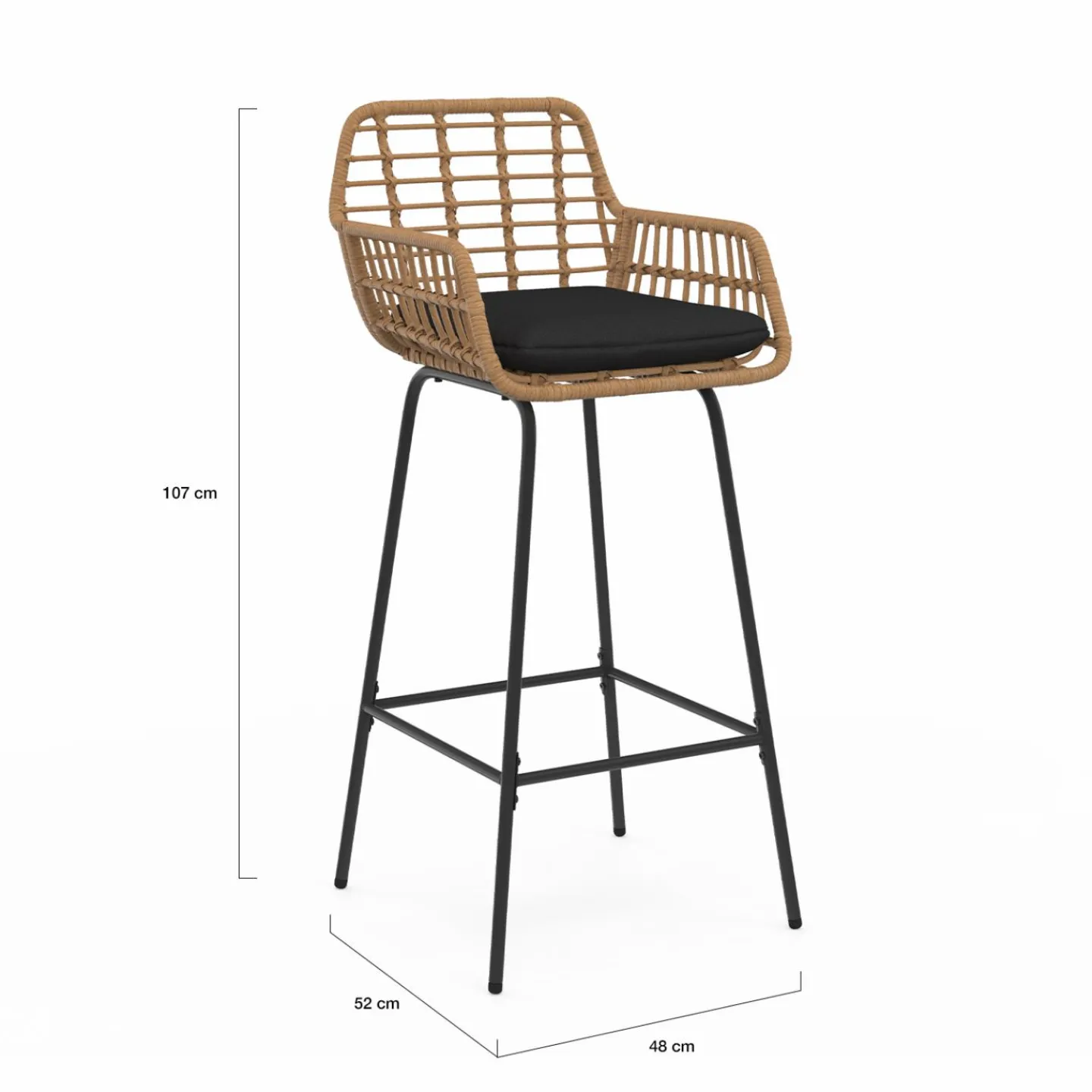 Lot de 2 tabourets de bar avec accoudoirs effet rotin beige pieds métal noir*IDMarket Hot