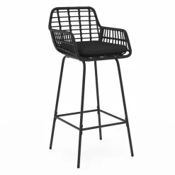 Lot de 2 tabourets de bar avec accoudoirs noir effet rotin pieds métal noir*IDMarket Best