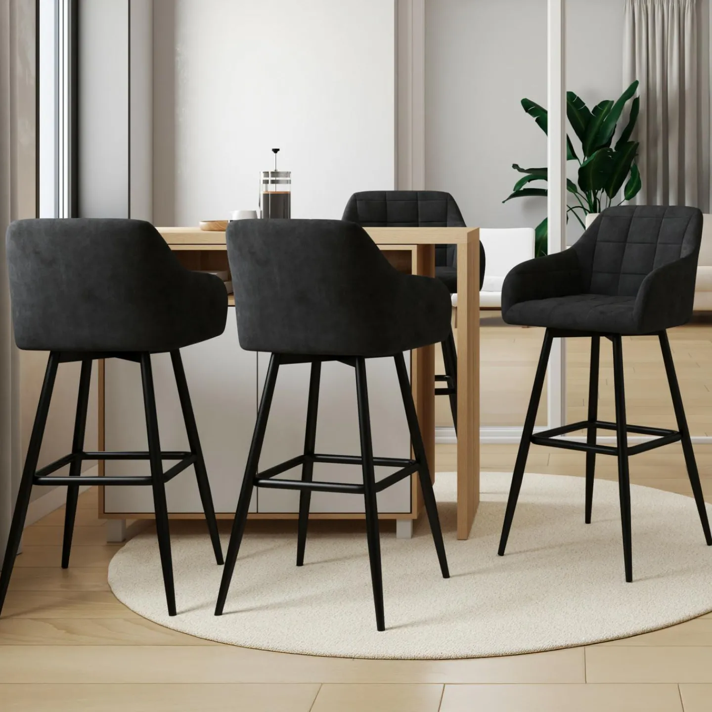 Lot de 4 tabourets de bar en velours noir avec accoudoirs*IDMarket Online