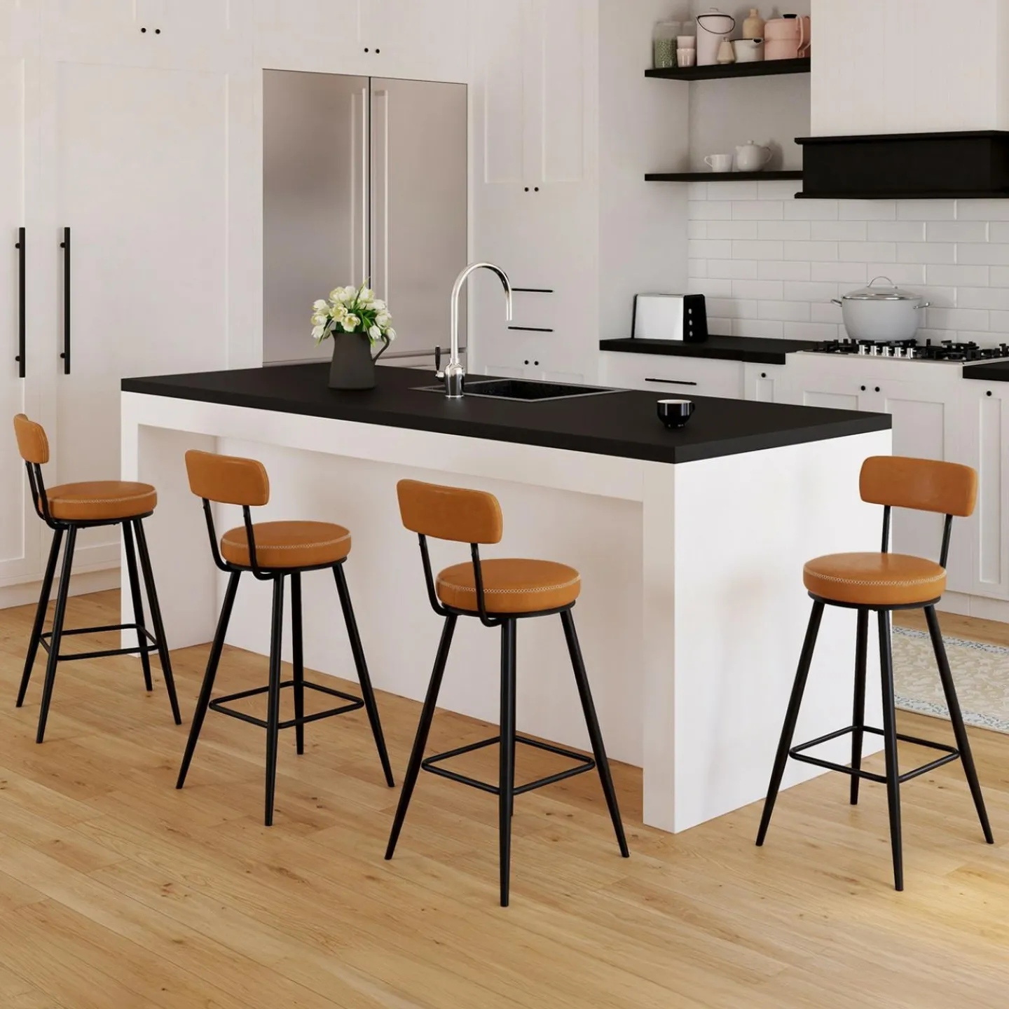 Lot de 4 tabourets de bar effet cuir marron et pieds métal*IDMarket