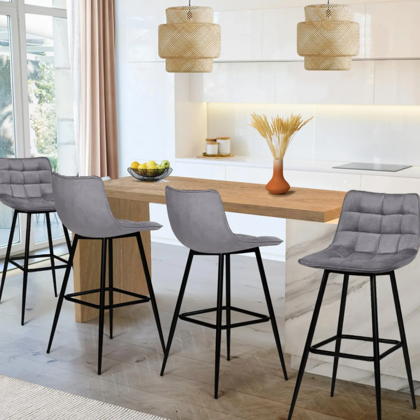 Lot de 4 tabourets gris clair en velours matelassé*IDMarket Outlet