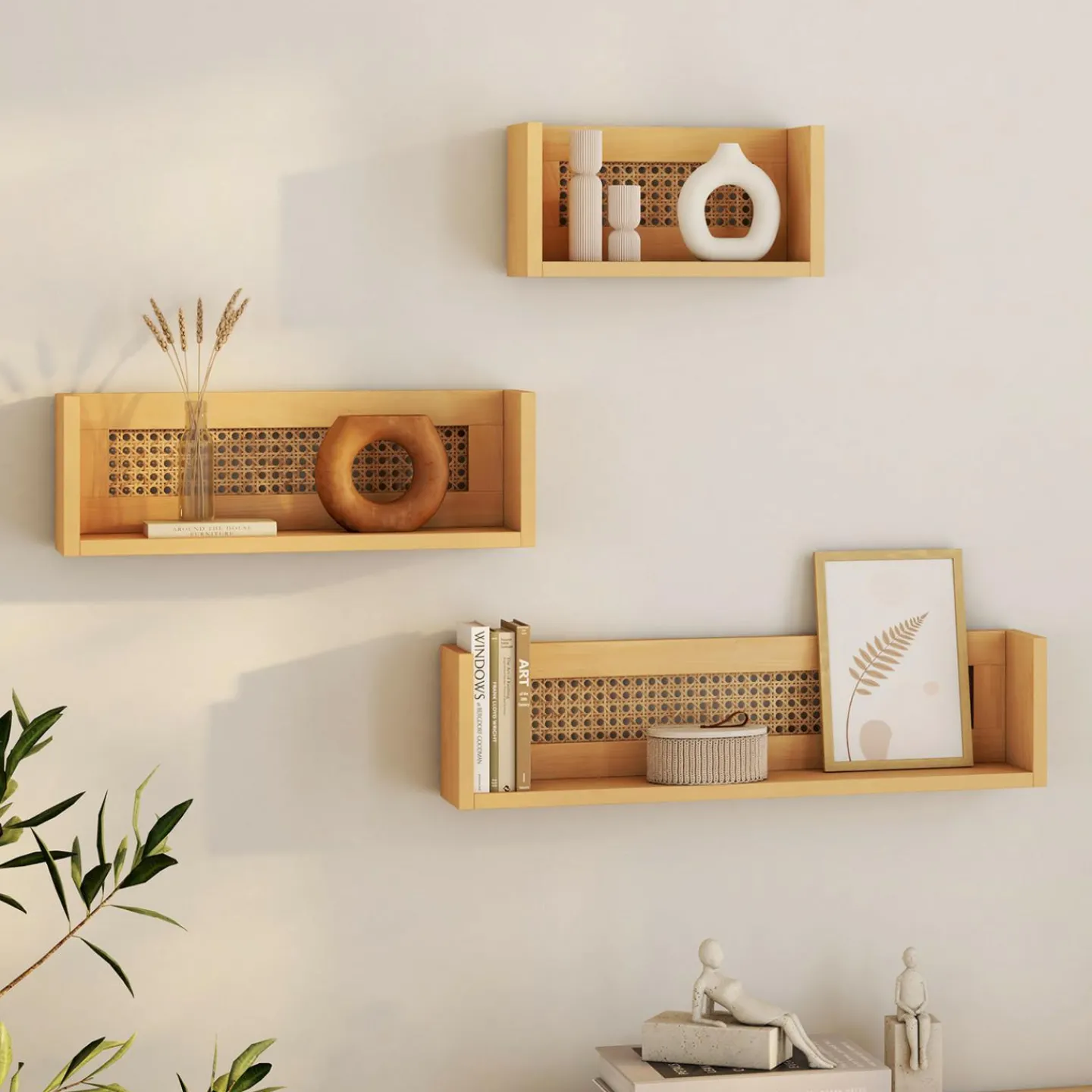 Lot de 3 étagères murales bois et cannage 60/45/30 cm*IDMarket Online