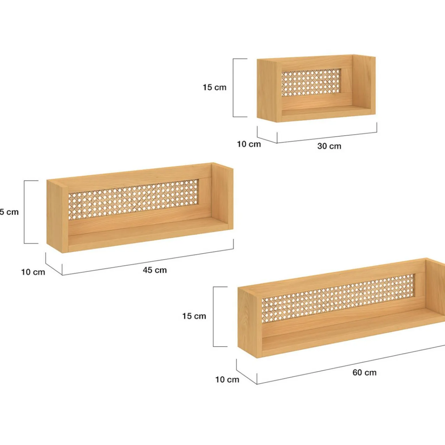 Lot de 3 étagères murales bois et cannage 60/45/30 cm*IDMarket Online