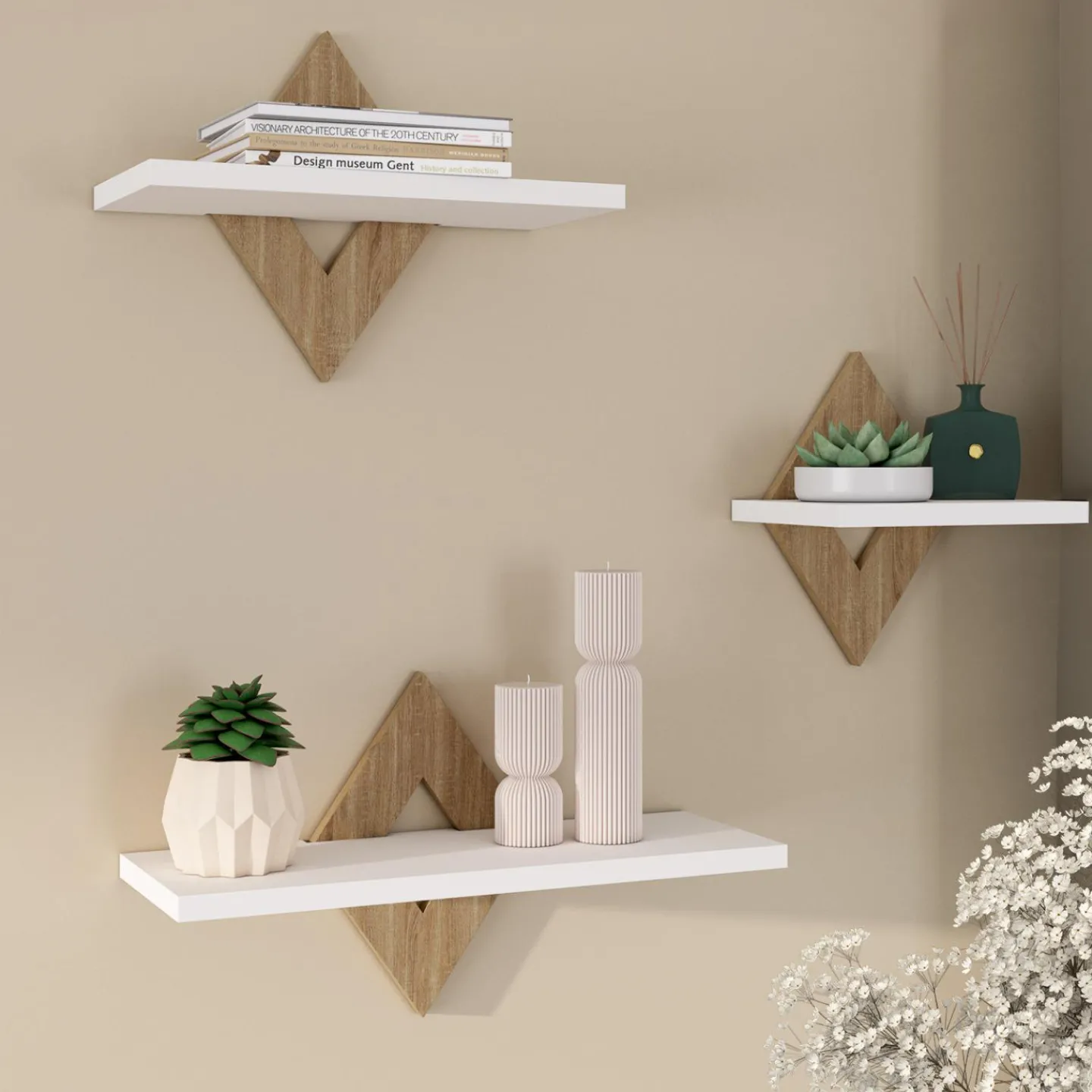 Lot de 3 étagères murales couleur hêtre et blanc*IDMarket