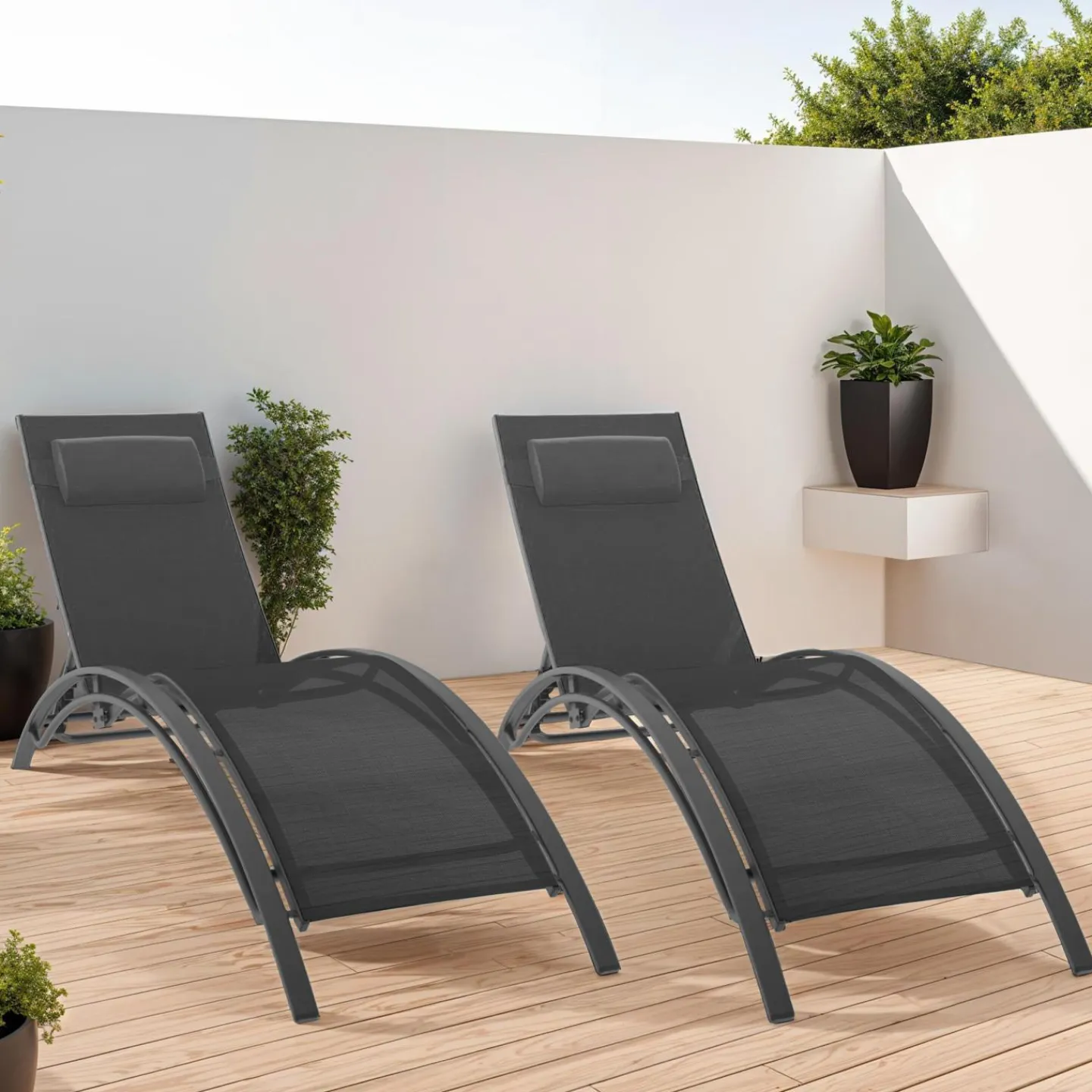 Lot de 2 transats de jardin inclinables en acier avec coussin et toile gris anthracite*IDMarket New