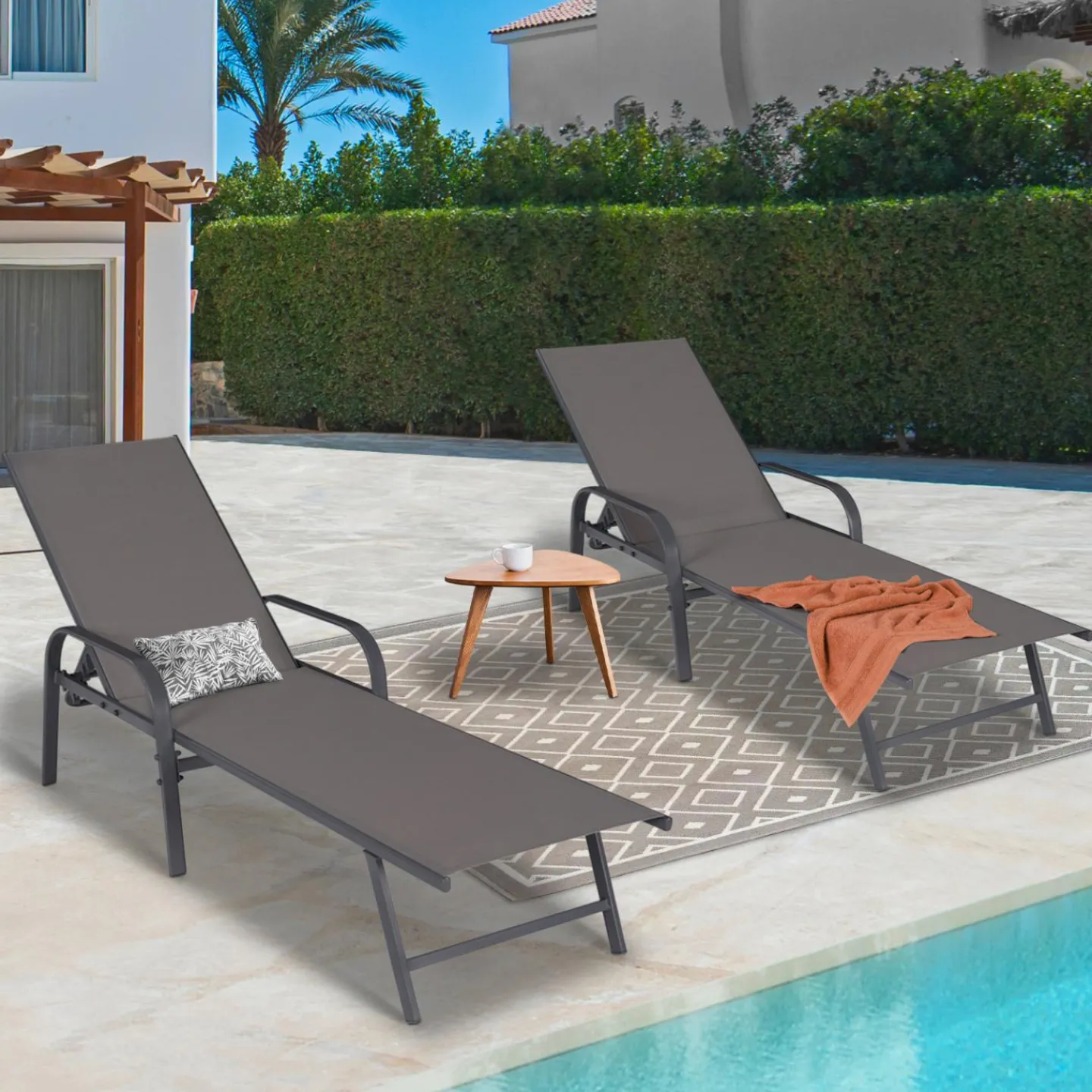 Lot de 2 transats inclinables pour jardin en acier gris et toile grise*IDMarket Sale