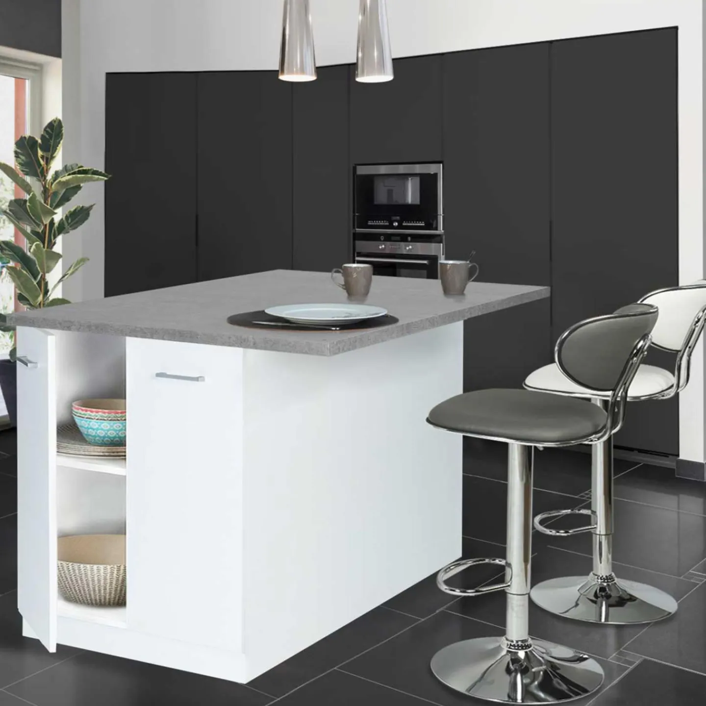 Îlot de cuisine blanc et plateau façon béton*IDMarket Online