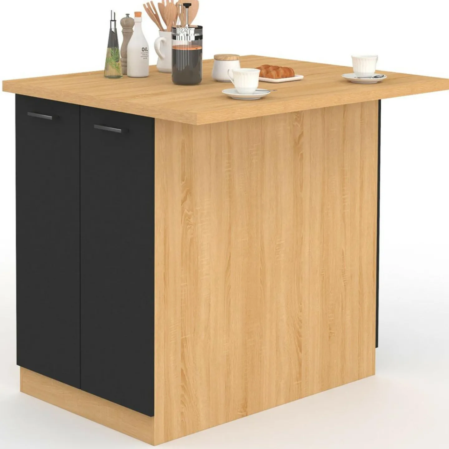 Îlot de cuisine imitation hêtre avec 4 portes noires 100 cm*IDMarket Outlet
