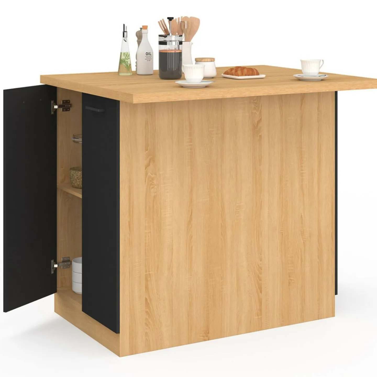 Îlot de cuisine imitation hêtre avec 4 portes noires 100 cm*IDMarket Outlet