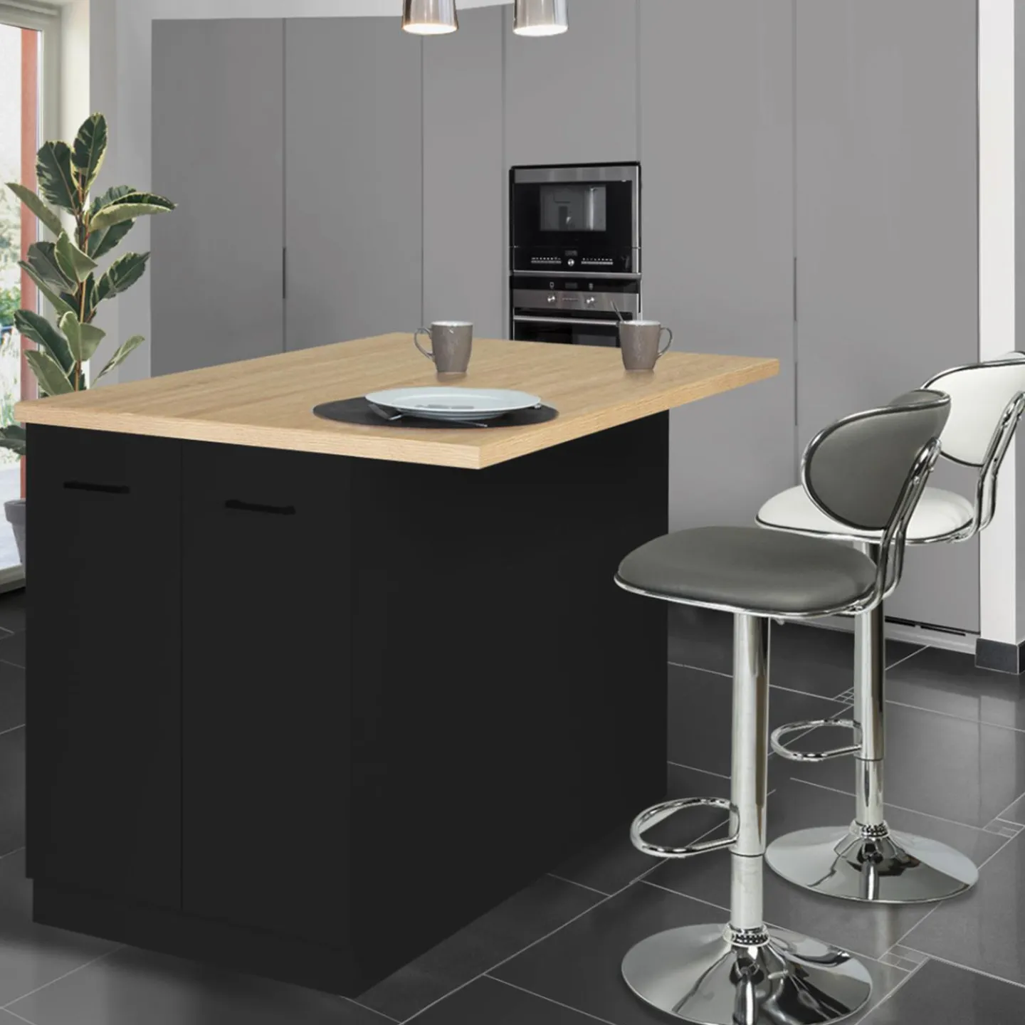 Îlot de cuisine noir et plateau façon hêtre 120 cm*IDMarket Sale