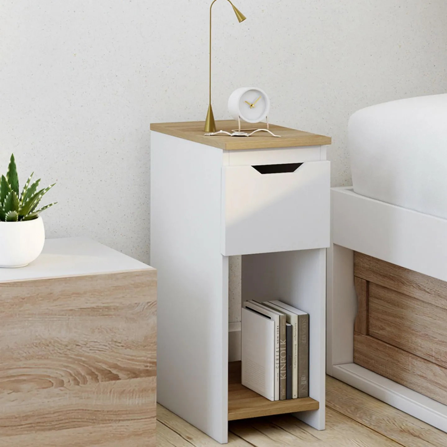 Lot de tables de chevet blanc et bois*IDMarket Discount