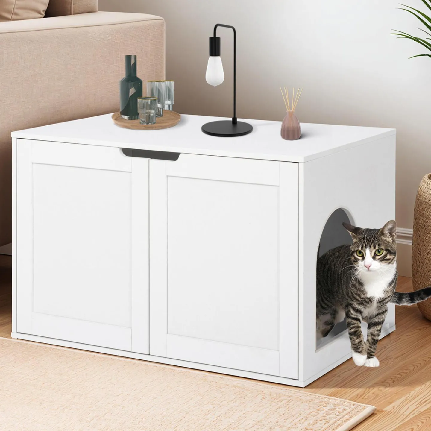 Maison de toilette pour chat - cache-litière avec doubles portes blanc*IDMarket Discount