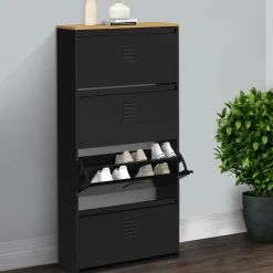 Meuble à chaussures 24 paires 4 portes métal noir et plateau bois design industriel*IDMarket Hot