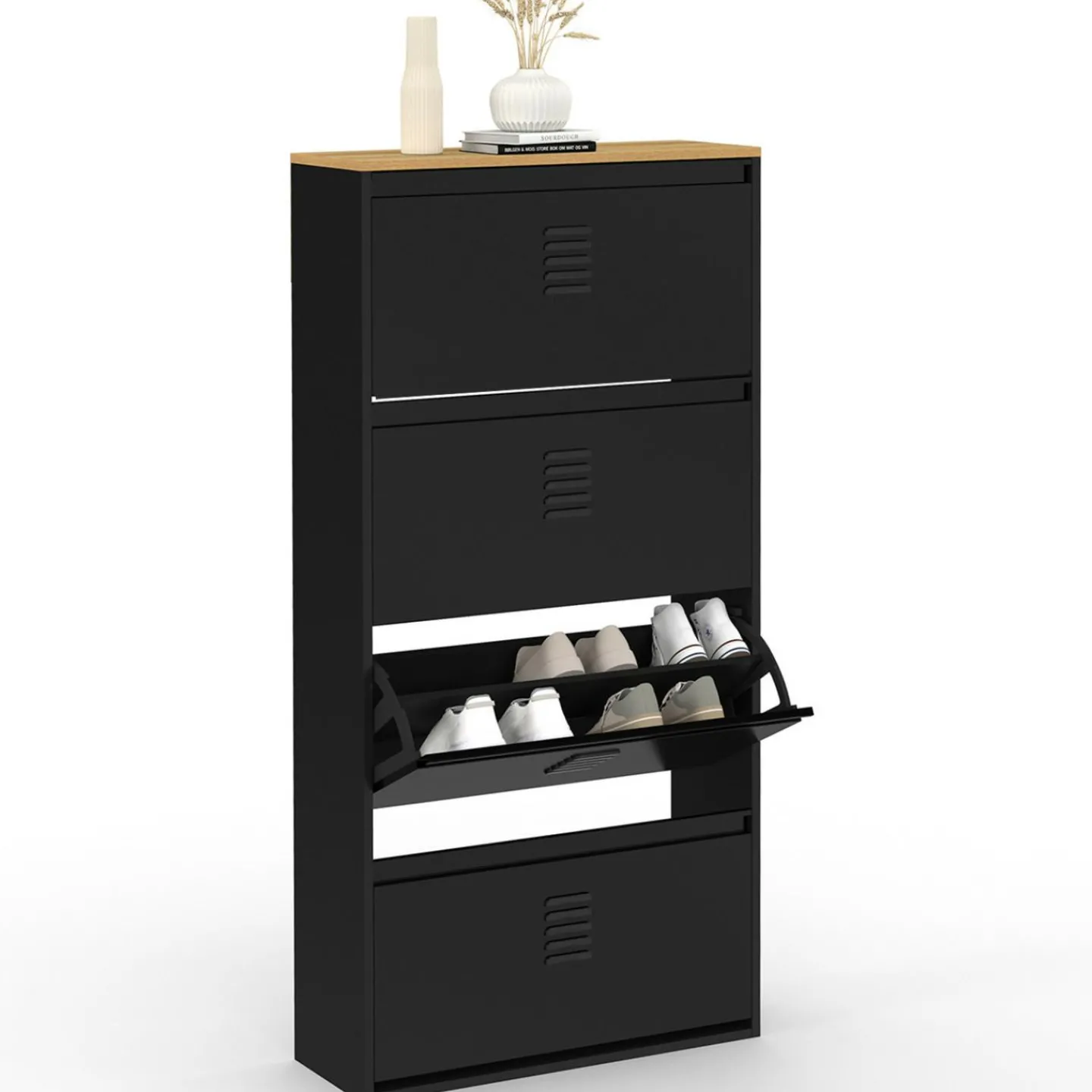 Meuble à chaussures 24 paires 4 portes métal noir et plateau bois design industriel*IDMarket Hot