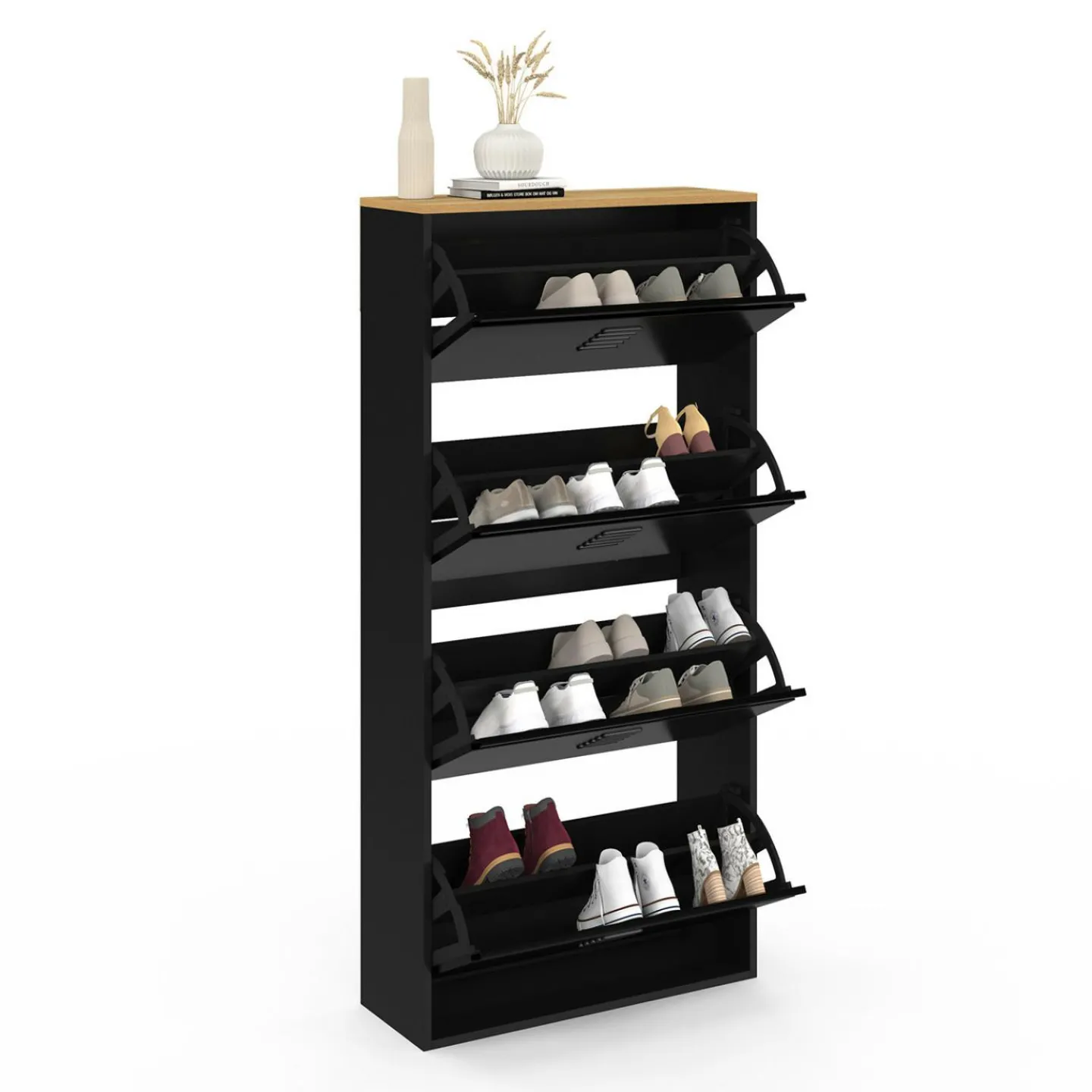 Meuble à chaussures 24 paires 4 portes métal noir et plateau bois design industriel*IDMarket Hot