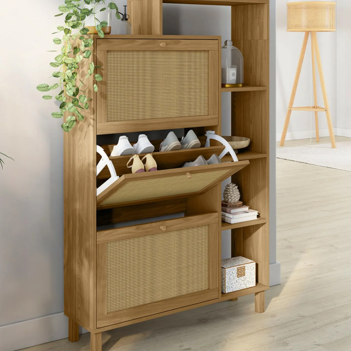 Meuble à chaussures 18 paires 3 portes effet naturel cannage avec étagère*IDMarket Best