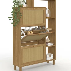 Meuble à chaussures 18 paires 3 portes effet naturel cannage avec étagère*IDMarket Best