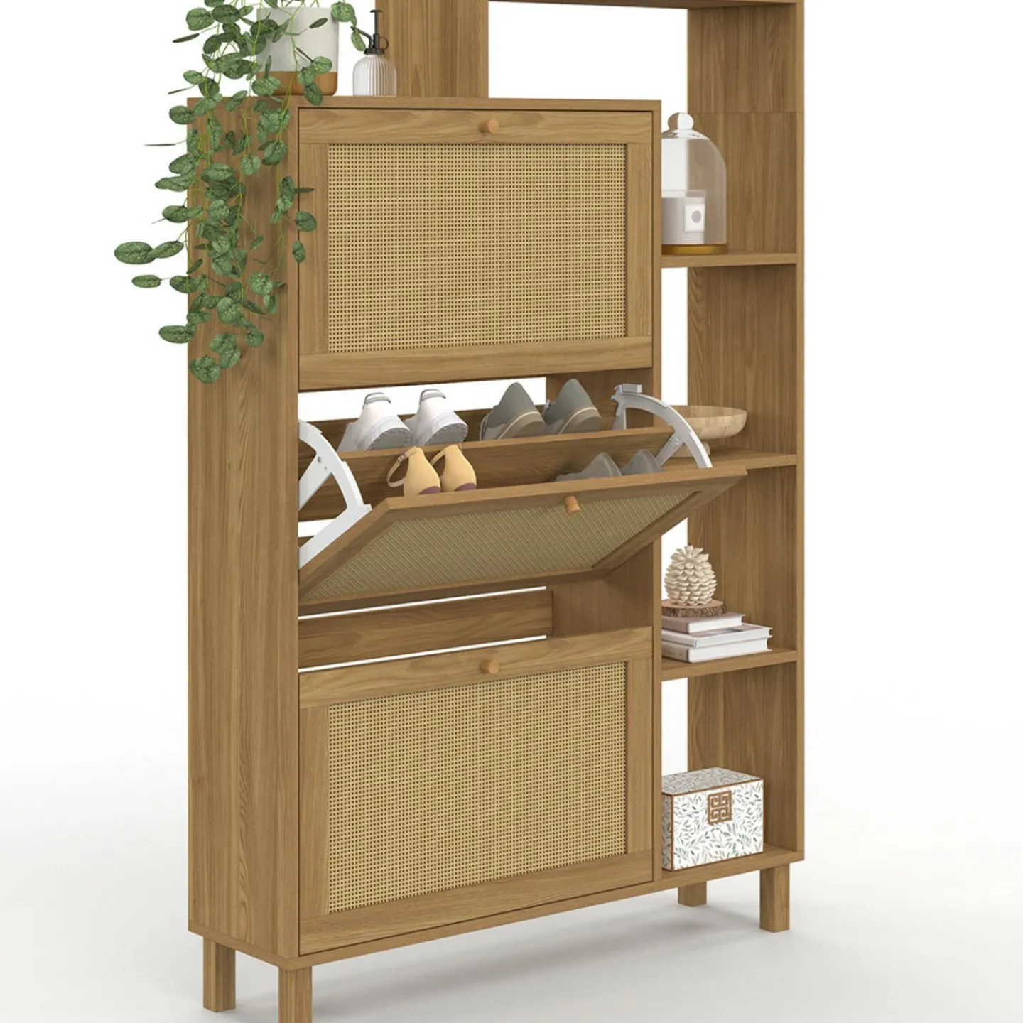 Meuble à chaussures 18 paires 3 portes effet naturel cannage avec étagère*IDMarket Best