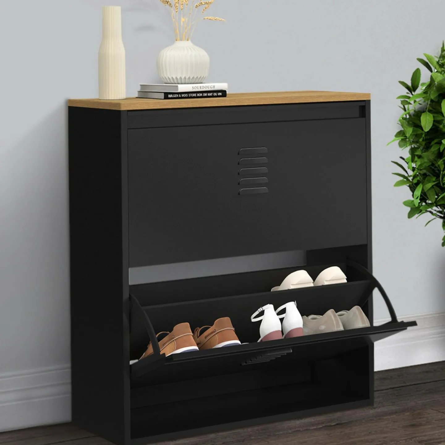 Meuble à chaussures 12 paires 2 portes métal noir design industriel*IDMarket Best