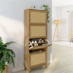 Meuble à chaussures 24 paires vintage 4 portes effet naturel cannage*IDMarket Best