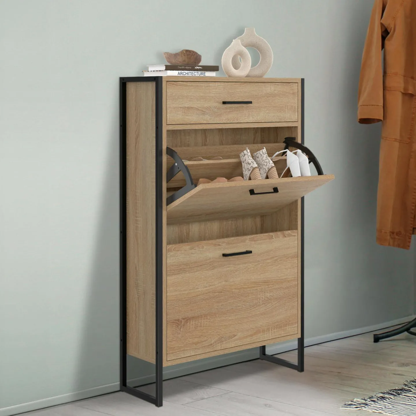 Meuble à chaussures avec 2 portes et 1 tiroir style industriel*IDMarket Discount