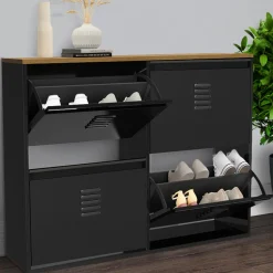 Meuble à chaussures industriel 20 paires 4 portes métalliques plateau bois*IDMarket Outlet