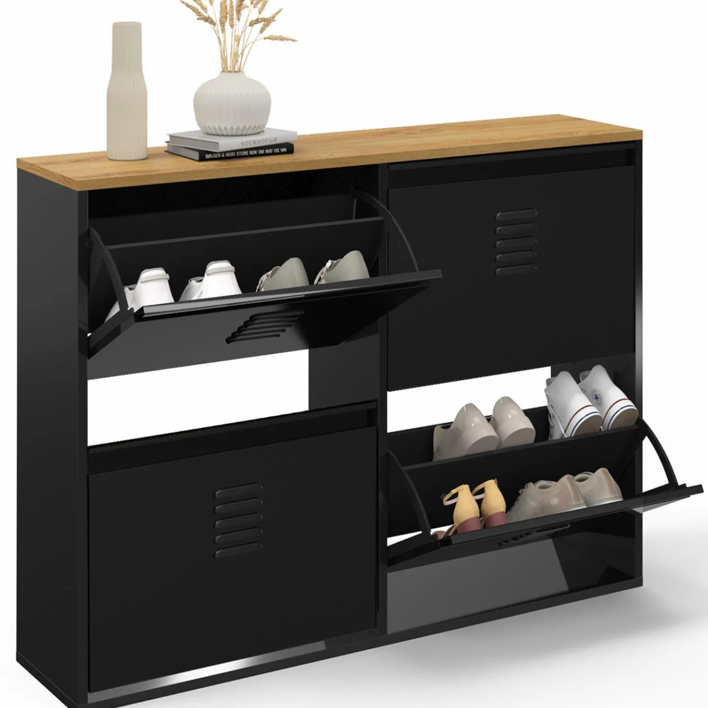 Meuble à chaussures industriel 20 paires 4 portes métalliques plateau bois*IDMarket Outlet