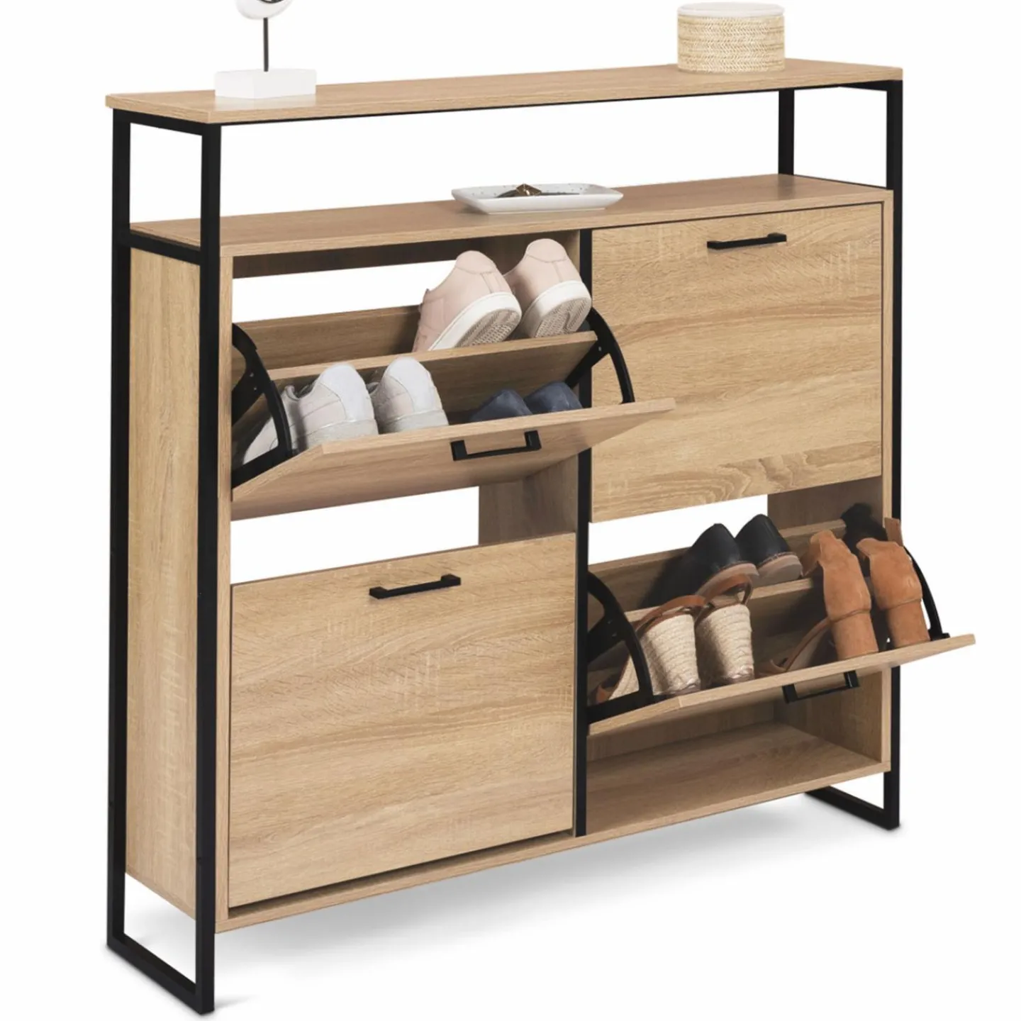 Meuble à chaussures style industriel 4 portes et étagère*IDMarket