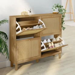 Meuble à chaussures vintage effet naturel cannage 20 paires 4 portes*IDMarket New