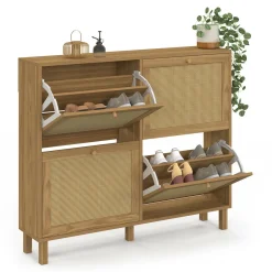 Meuble à chaussures vintage effet naturel cannage 20 paires 4 portes*IDMarket New
