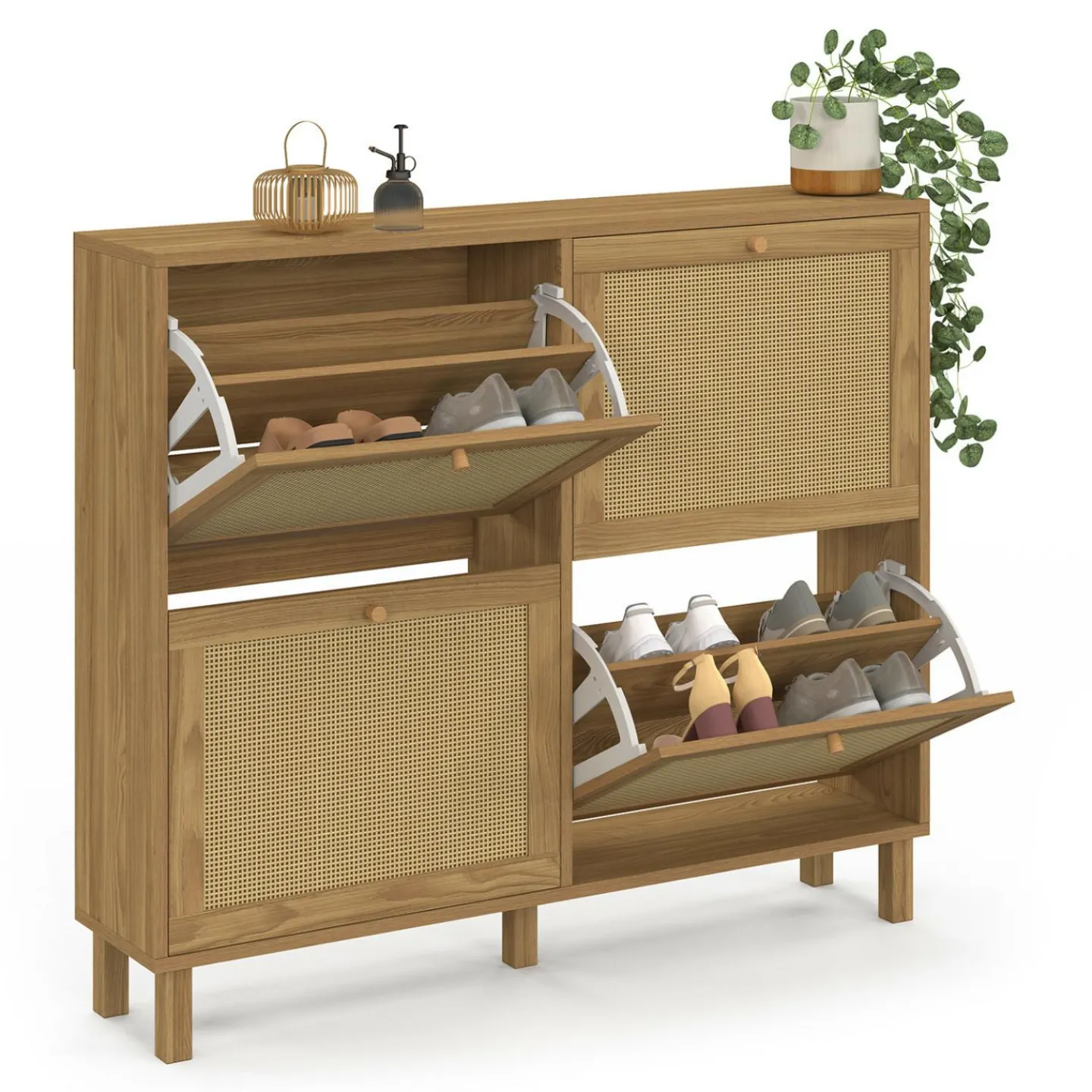 Meuble à chaussures vintage effet naturel cannage 20 paires 4 portes*IDMarket New