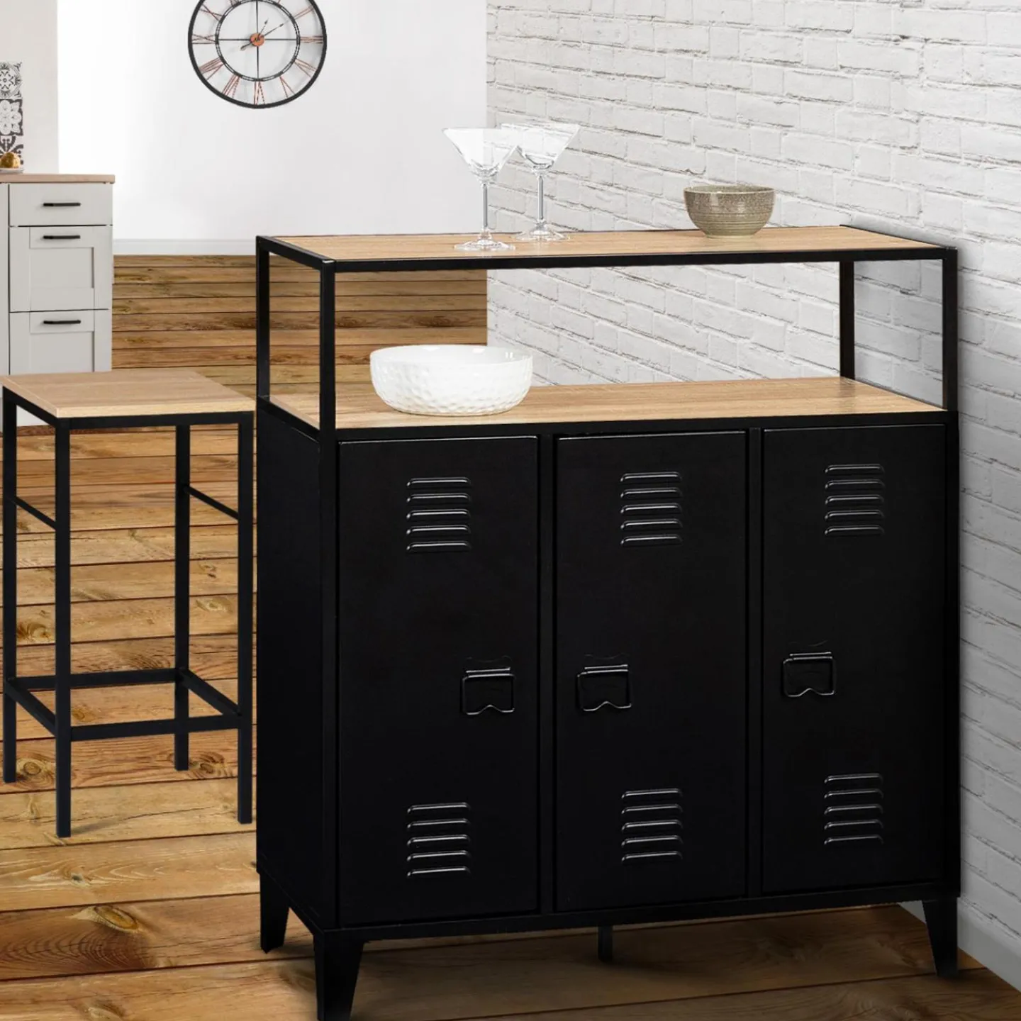Meuble bar métal noir et bois industriel*IDMarket Hot