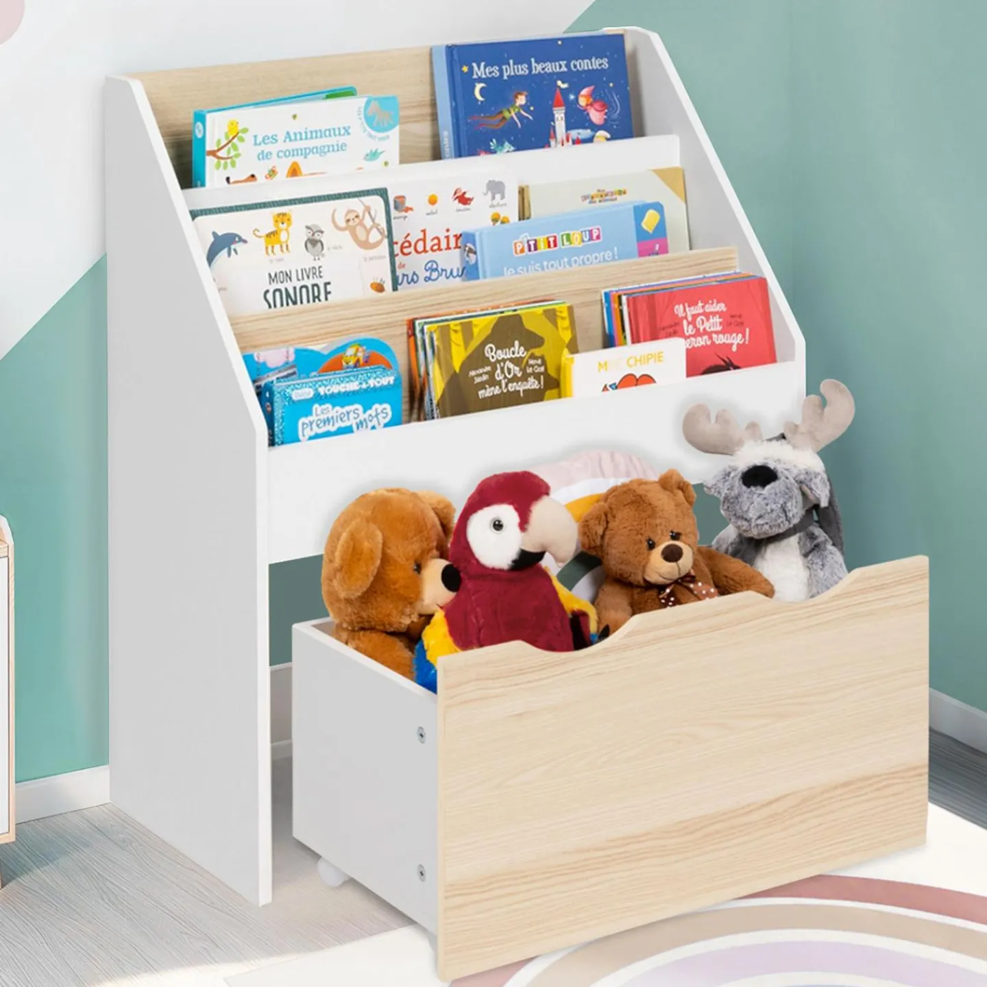 Meuble bibliothèque pour enfant blanc et hêtre avec 3 étagères et 1 bac*IDMarket Discount