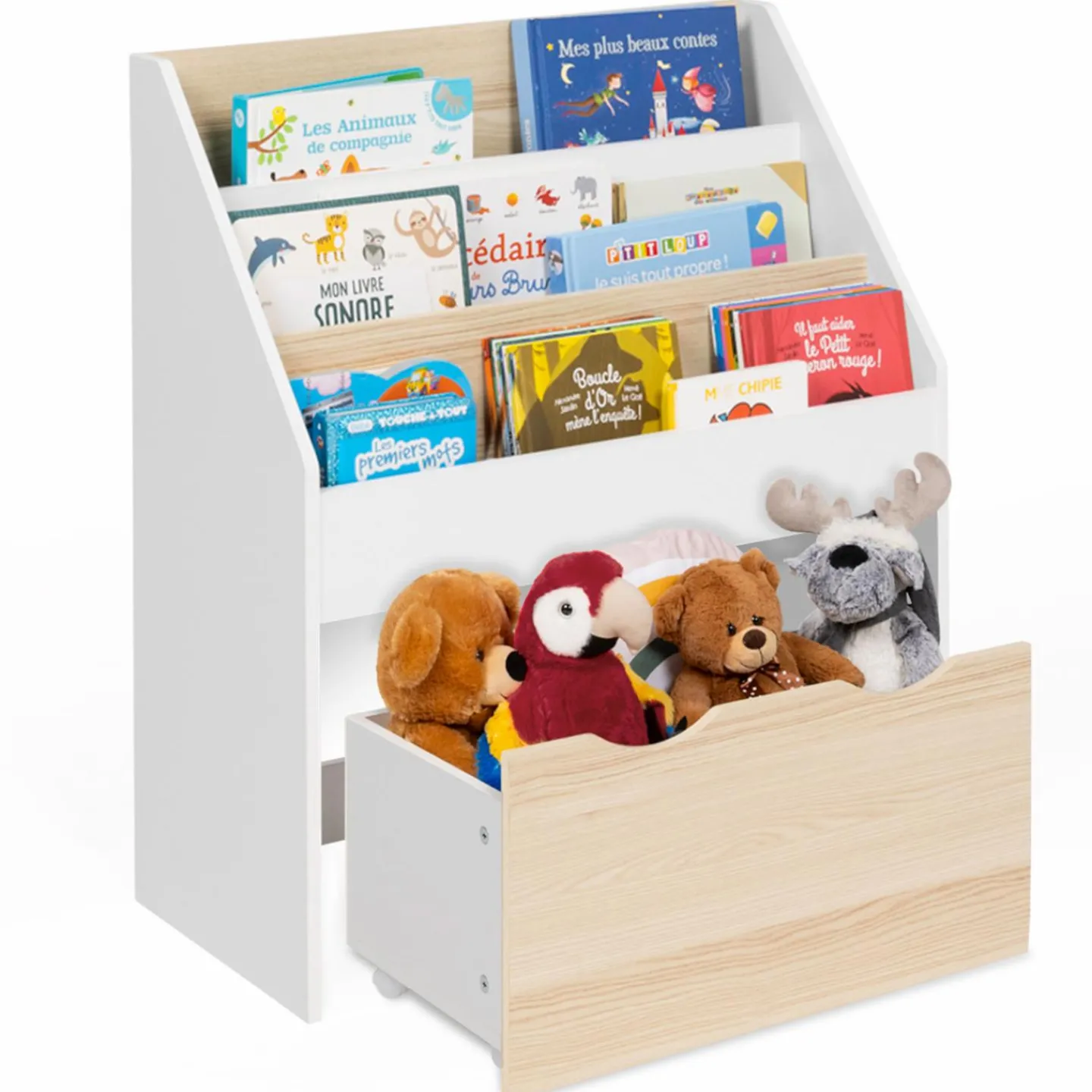 Meuble bibliothèque pour enfant blanc et hêtre avec 3 étagères et 1 bac*IDMarket Discount