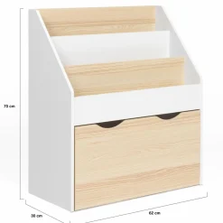 Meuble bibliothèque pour enfant blanc et hêtre avec 3 étagères et 1 bac*IDMarket Discount