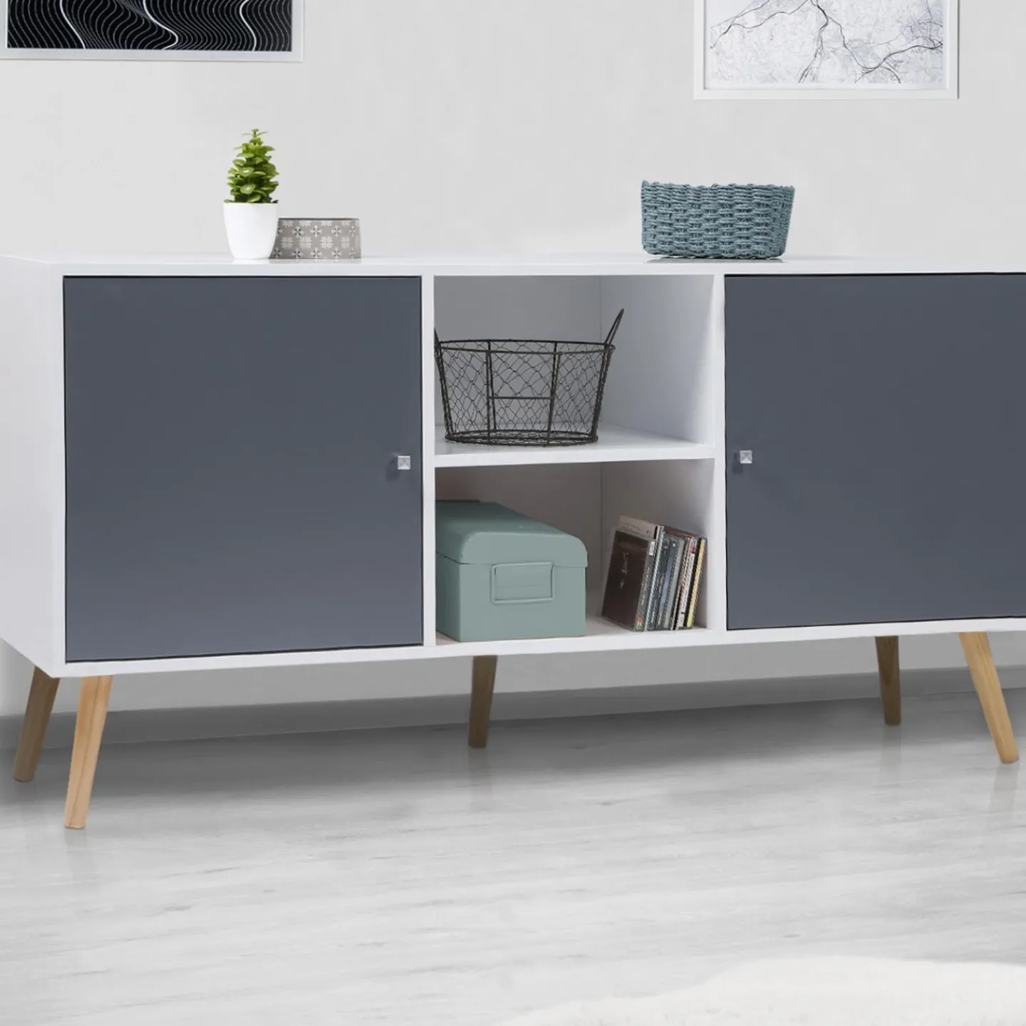 Meuble buffet scandinave blanc et gris 2 portes*IDMarket Discount