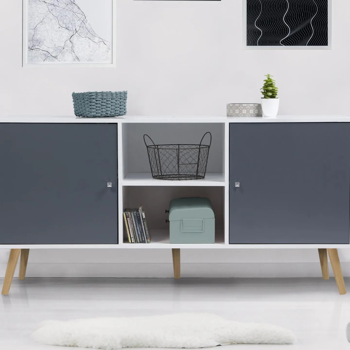 Meuble buffet scandinave blanc et gris 2 portes*IDMarket Discount