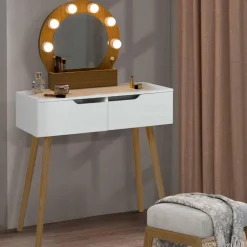 Meuble coiffeuse blanche style scandinave avec miroir LED et tiroirs*IDMarket Hot