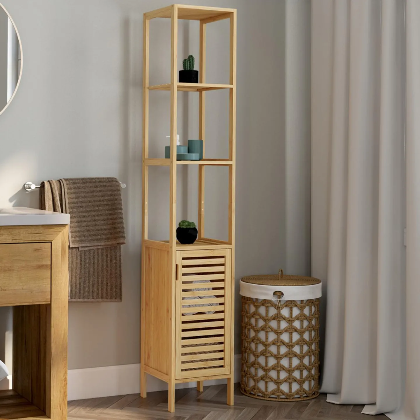 Meuble colonne en bambou pour salle de bain 1 porte*IDMarket