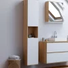 Meuble colonne salle de bain suspendu 2 portes 1 niche façon hêtre et blanc*IDMarket Sale