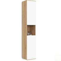 Meuble colonne salle de bain suspendu 2 portes 1 niche façon hêtre et blanc*IDMarket Sale