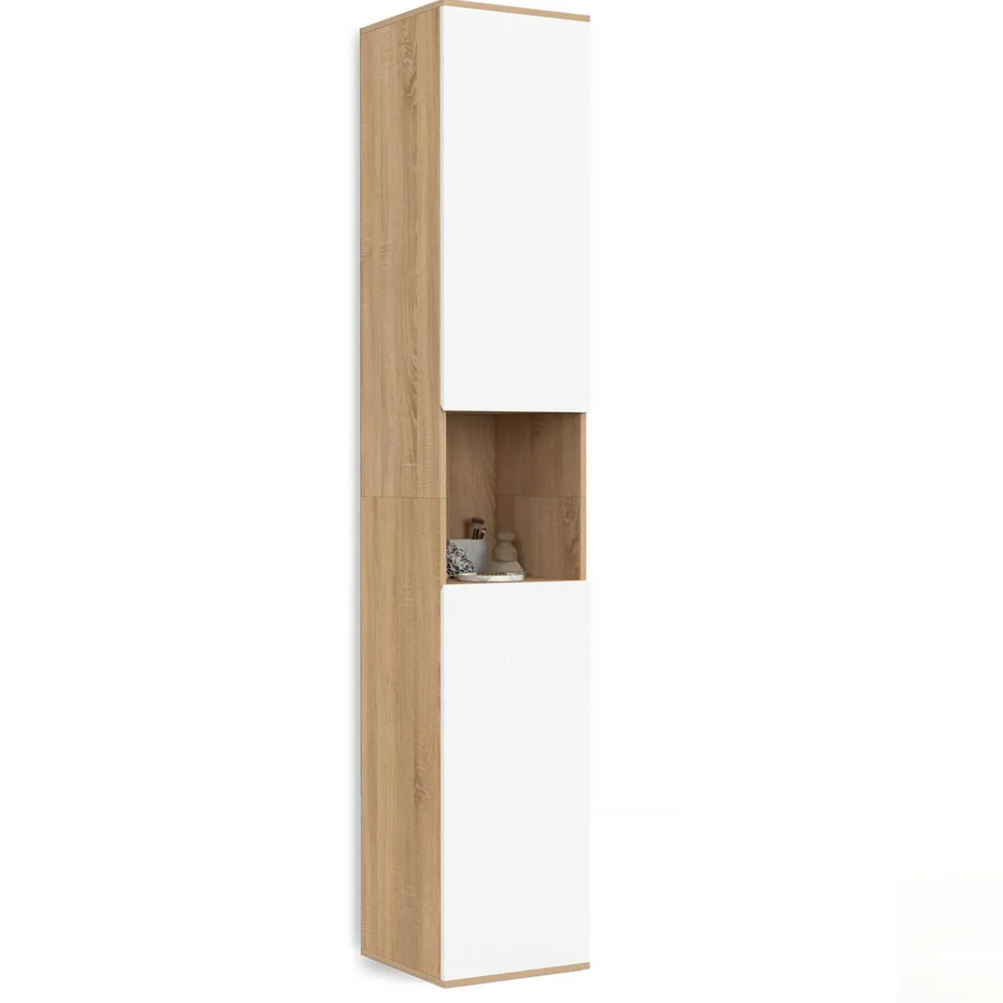 Meuble colonne salle de bain suspendu 2 portes 1 niche façon hêtre et blanc*IDMarket Sale