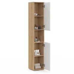 Meuble colonne salle de bain suspendu 2 portes 1 niche façon hêtre et blanc*IDMarket Sale