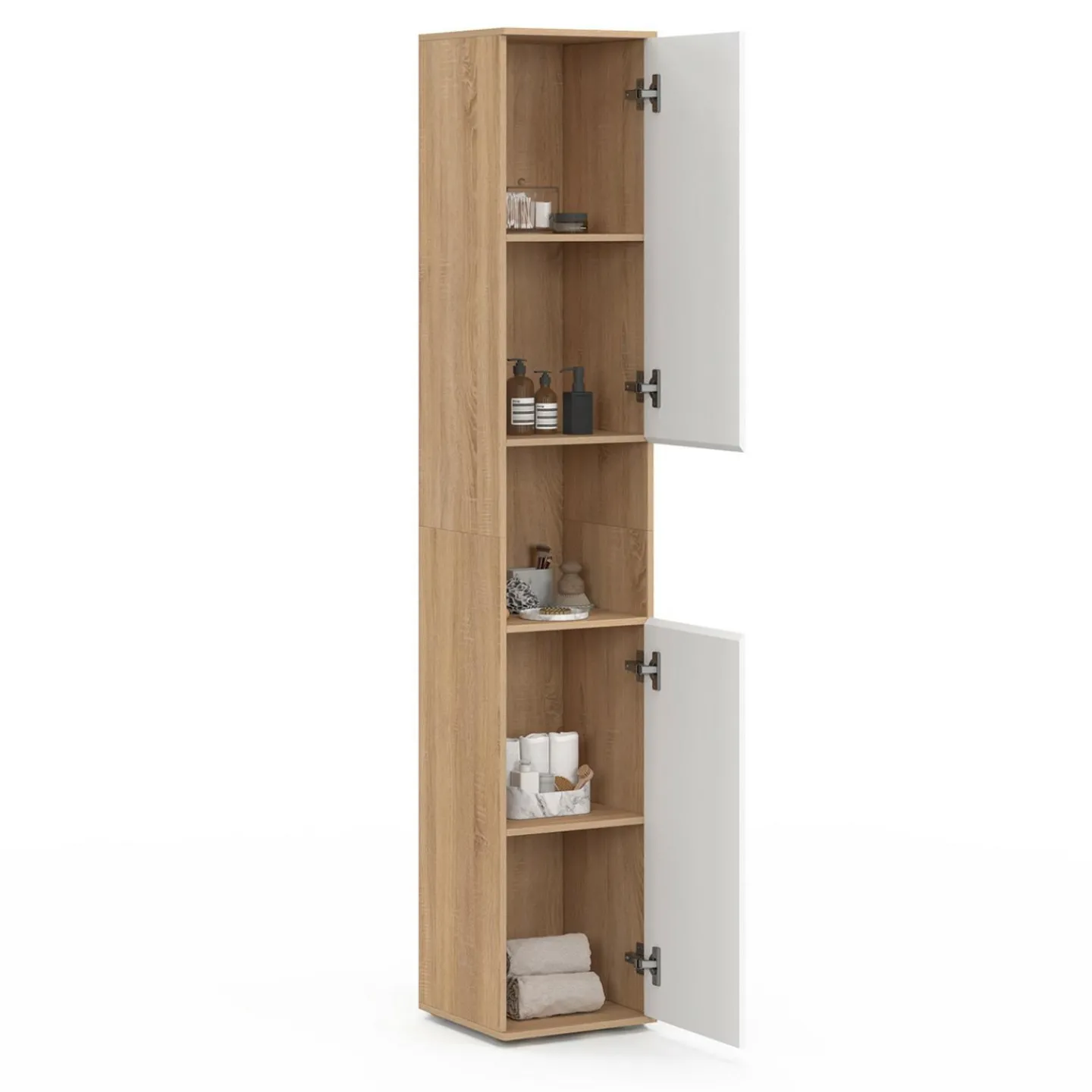 Meuble colonne salle de bain suspendu 2 portes 1 niche façon hêtre et blanc*IDMarket Sale