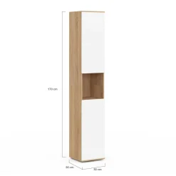 Meuble colonne salle de bain suspendu 2 portes 1 niche façon hêtre et blanc*IDMarket Sale