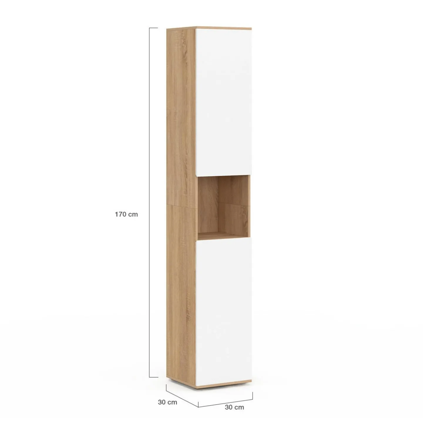 Meuble colonne salle de bain suspendu 2 portes 1 niche façon hêtre et blanc*IDMarket Sale