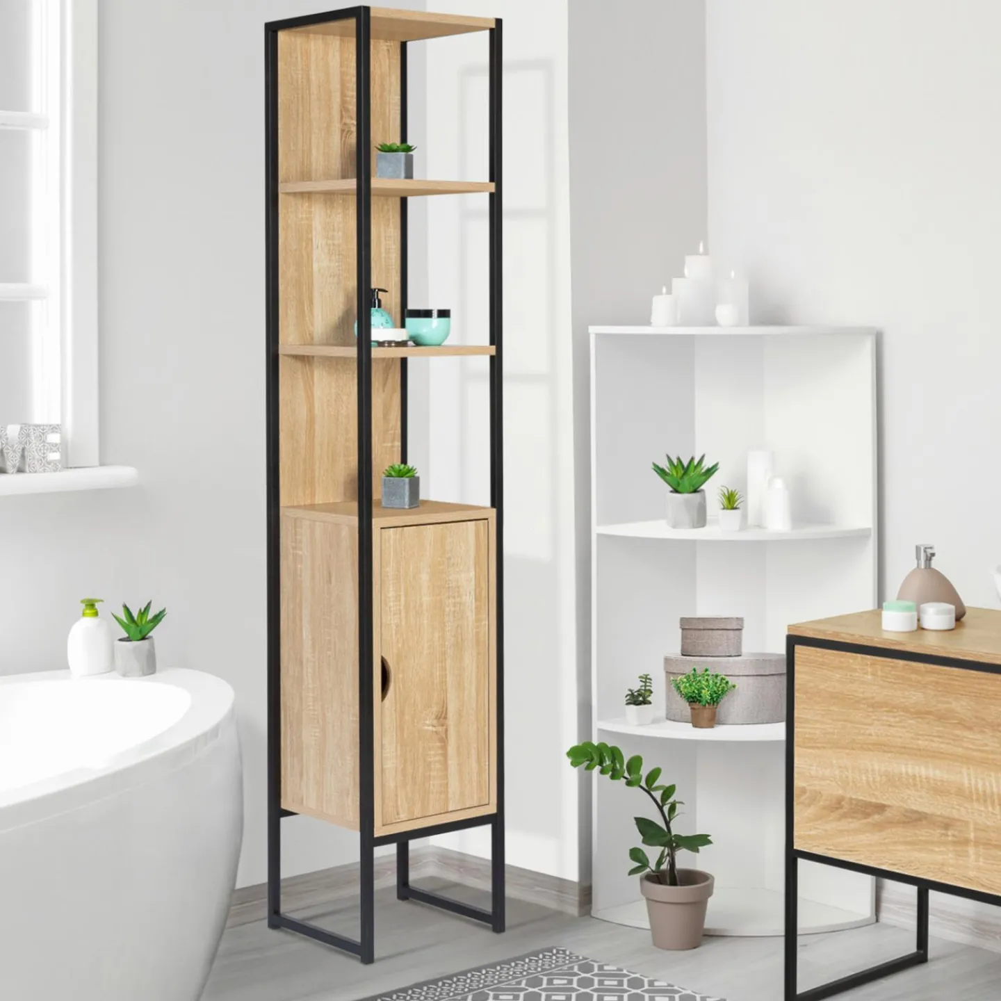 Meuble colonne salle de bain style industriel 1 porte*IDMarket Online