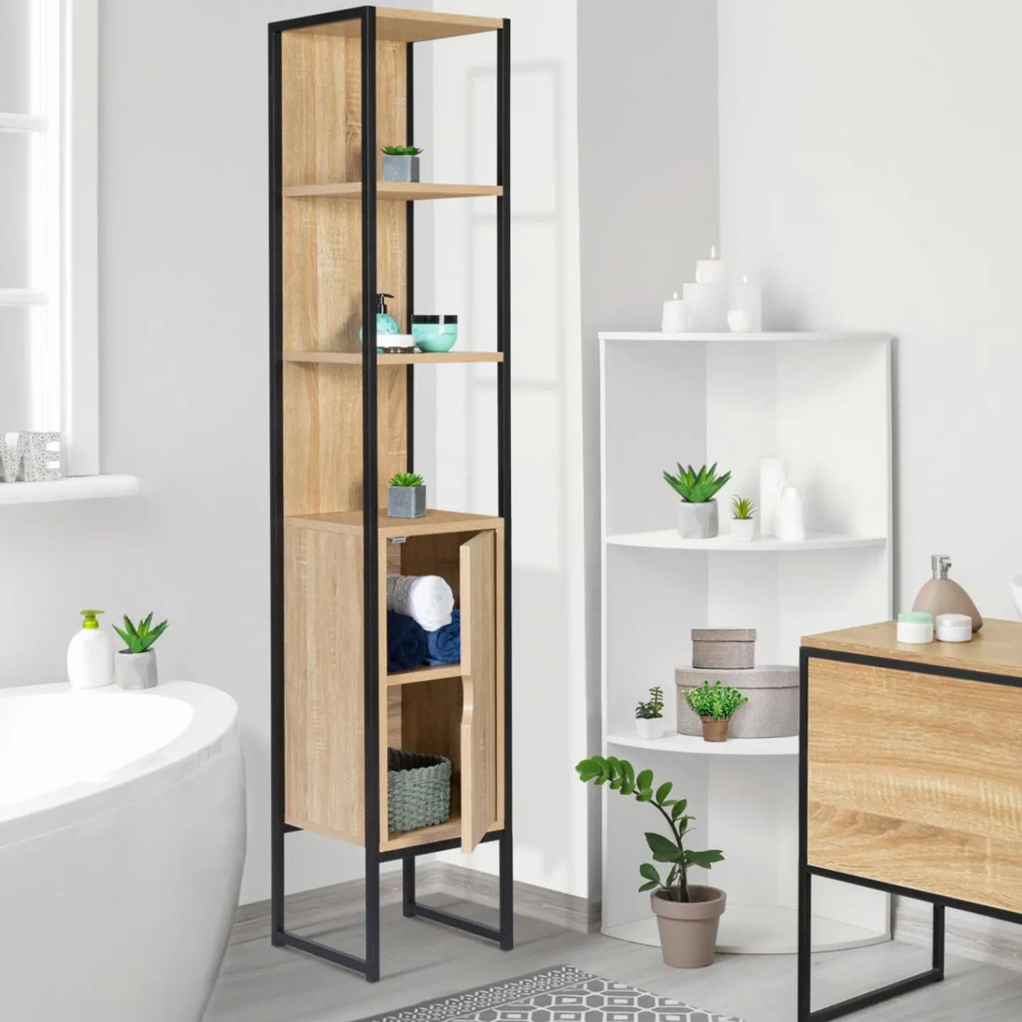 Meuble colonne salle de bain style industriel 1 porte*IDMarket Online